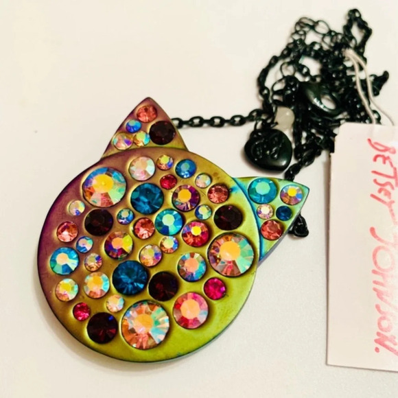 BETSEY JOHNSON SET Halloween Cat Head Crystals in Gunmetal Earrings Necklace NWT - Picture 3 of 13